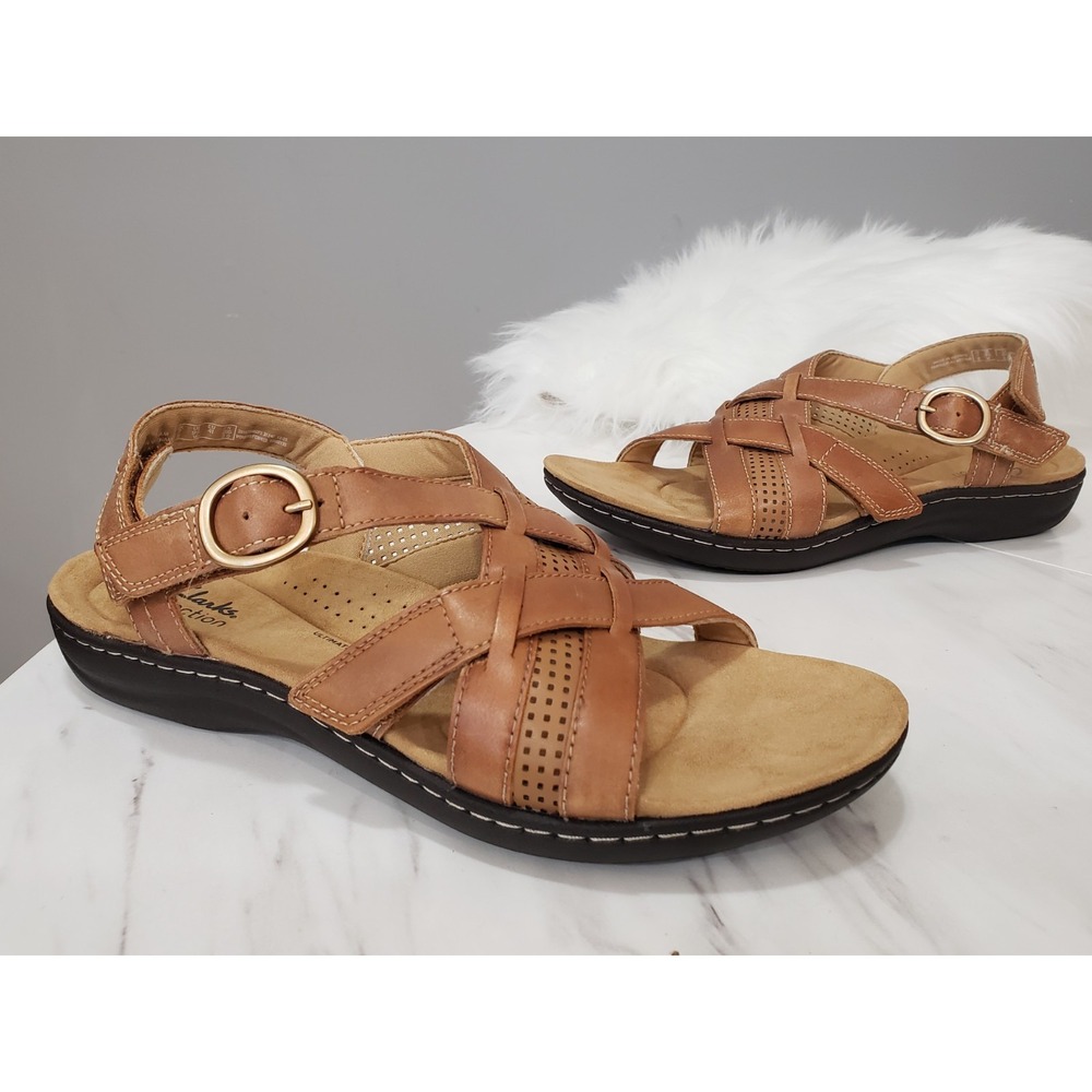 NEW NO BOX CLARKS 9.5 WIDE Leather Sandals LAURIEANN MAE TAN LEATHER WOMENS